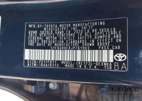 2018 Toyota Corolla L/Le/Xle/Se/Xse z USA, uszkodzony, nr VIN 5YFBURHE8JP761903